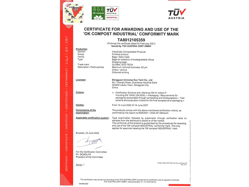 CERTIFICATE FOR AWARDING AND USE OF THE 'OK COMPOST INDUSTRIAL' CONFORMITY MARK